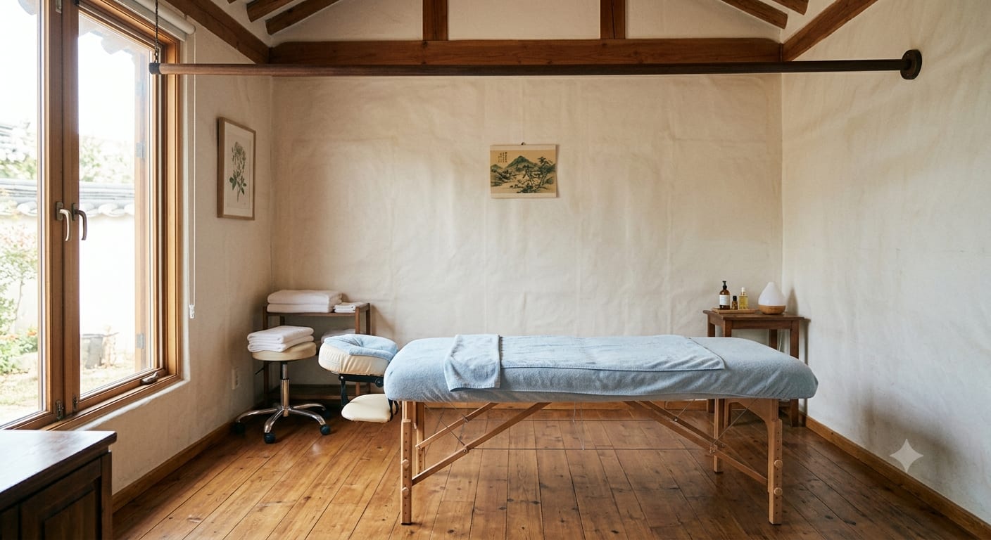 A massage table with a blue sheet is centered in a minimalist room with wooden floors, a window, and shelves holding towels and oils.